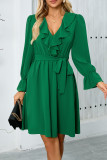 Elegant Solid Color Lace Up Ruffle V Neck A Line Dresses