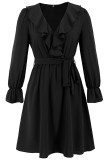 Elegant Solid Color Lace Up Ruffle V Neck A Line Dresses
