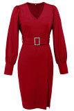 Daily Elegant Solid Color Slit With Belt V Neck Wrapped Skirt Dresses