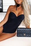 Sexy Solid Color Patchwork V Neck Skinny Bodysuits