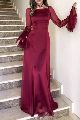 Elegant Solid Color Patchwork Ruffle Square Neck Waist Skirt Dresses