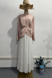 Elegant Solid Color Ruched Strap Design Contrast O Neck Waist Skirt Dresses