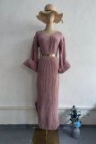Casual Solid Color Buttons With Belt O Neck Long Sleeve Dresses