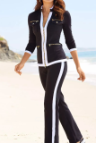 Casual Street Stripe Patchwork Zipper Contrast Mandarin Collar Long Sleeve Two Pieces