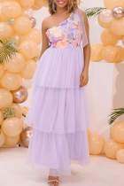 Sexy Party Flowers Patchwork Irregular Mesh Sloping Shoulder Evening Dresses