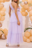 Sexy Party Flowers Patchwork Irregular Mesh Sloping Shoulder Evening Dresses