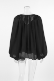 Casual Solid Color Lace Up See-Through V Neck Tops