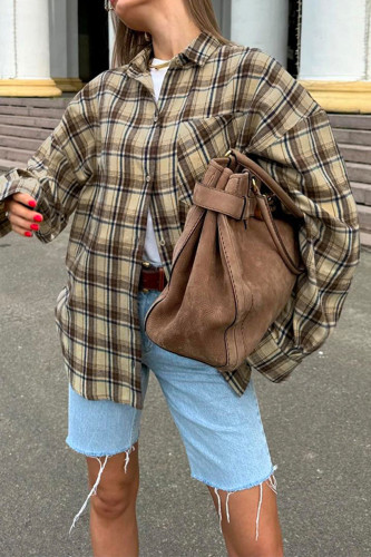 Casual Plaid Buttons Contrast Turndown Collar Tops