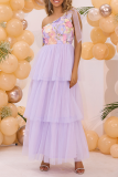 Sexy Party Flowers Patchwork Irregular Mesh Sloping Shoulder Evening Dresses