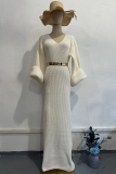 Casual Solid Color Buttons With Belt O Neck Long Sleeve Dresses