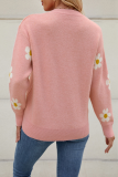 Casual Flowers Weave Contrast O Neck Tops
