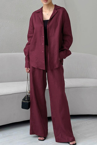Casual Daily Solid Color Pocket Buttons Turndown Collar Long Sleeve Two Pieces