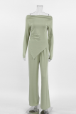 Sexy Street Solid Color Ruched Irregular Off Shoulder Long Sleeve Two Pieces