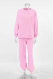 Casual Solid Color Patchwork fleece-lined O Neck Long Sleeve Two Pieces