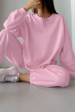 Casual Solid Color Patchwork fleece-lined O Neck Long Sleeve Two Pieces