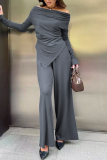 Sexy Street Solid Color Ruched Irregular Off Shoulder Long Sleeve Two Pieces