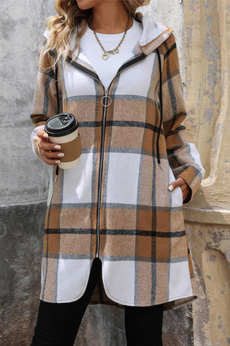 Casual Plaid Irregular Zipper Contrast Hooded Outerwear