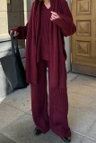 Casual Street Solid Color Weave Potholes V Neck Long Sleeve Two Pieces(Send a scarf)