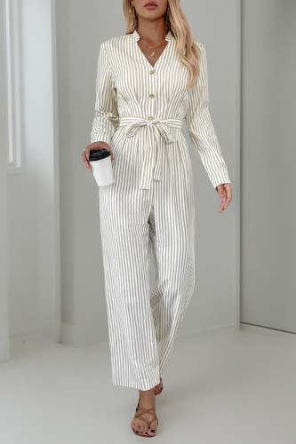 Casual Street Stripe Pocket Lace Up Buttons V Neck Loose Jumpsuits