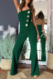 Sexy Solid Color Buttons Irregular Strapless Regular Jumpsuits