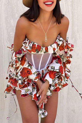 Sexy Flowers See-Through Ruffle Off Shoulder Waist Skirt Dresses