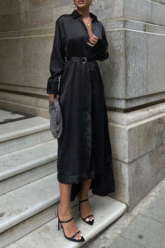 Elegant Solid Color Lace Up Buckle Adjustable Turndown Collar Shirt Dresses