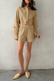 Casual Street Solid Color Lace Up Buttons Turndown Collar Long Sleeve Two Pieces