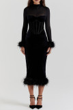 Sexy Solid Color Mesh Feather Hemline Velvet O Neck Wrapped Skirt Dresses