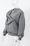 Casual Solid Color Bow Decor O Neck Tops