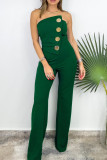 Sexy Solid Color Buttons Irregular Strapless Regular Jumpsuits