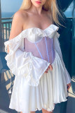 Sexy Solid Color See-Through Ruffle Strapless Waist Skirt Dresses