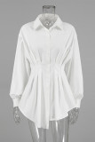 Casual Solid Color Buttons Ruched Turndown Collar Tops