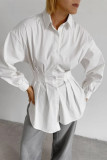 Casual Solid Color Buttons Ruched Turndown Collar Tops
