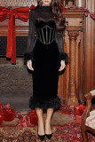 Sexy Solid Color Mesh Feather Hemline Velvet O Neck Wrapped Skirt Dresses