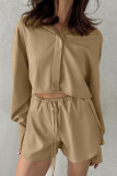 Casual Street Solid Color Lace Up Buttons Turndown Collar Long Sleeve Two Pieces