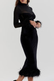 Sexy Solid Color Mesh Feather Hemline Velvet O Neck Wrapped Skirt Dresses