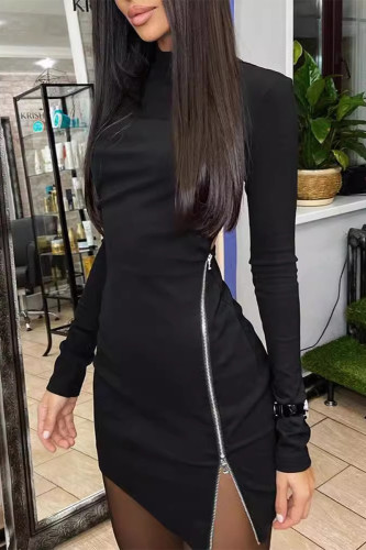 Casual Solid Color Backless Slit Zipper Half A Turtleneck Wrapped Skirt Dresses