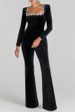Sexy Solid Color Zipper Rhinestone Decor Velvet Square Neck Regular Jumpsuits