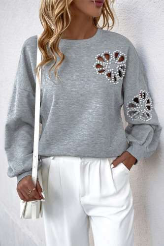 Casual Solid Color Hollow Out Pearls Decor O Neck Tops