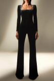 Sexy Solid Color Zipper Rhinestone Decor Velvet Square Neck Regular Jumpsuits