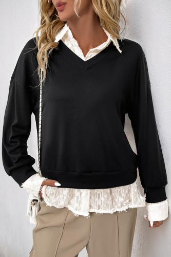Casual Solid Color Lace Patchwork Turndown Collar Tops