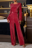 Sexy Solid Color Backless Sequined O Neck Straight Jumpsuits