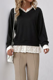 Casual Solid Color Lace Patchwork Turndown Collar Tops