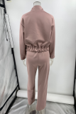 Casual Sportswear Solid Color Pocket Lace Up Mandarin Collar Long Sleeve Two Pieces