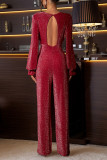Sexy Solid Color Backless Sequined O Neck Straight Jumpsuits