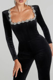 Sexy Solid Color Zipper Rhinestone Decor Velvet Square Neck Regular Jumpsuits