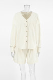 Casual Solid Color Pocket Buttons Ruched V Neck Long Sleeve Two Pieces