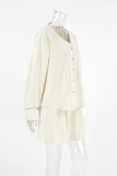 Casual Solid Color Pocket Buttons Ruched V Neck Long Sleeve Two Pieces