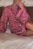 Sexy Solid Color Sequins Lace Up Backless O Neck A Line Dresses