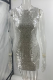 Sexy Solid Color Sequins Lace Up Backless O Neck Wrapped Skirt Dresses(Mainly in kind)